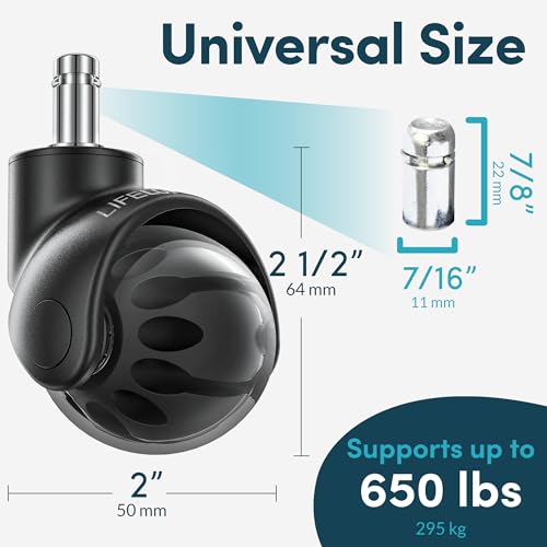 Lifelong Office Chair Wheels Rubber Replacement- 2 Inch Heavy Duty Rolling Chairs Casters for Hardwood Floors and Carpet, Set of 5, Desk Chair Wheels to Replace Office Chairs Mats- Universal