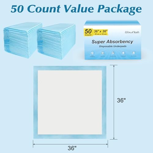 50 Count 36" x 36" Super Absorbency Disposable Underpads - Leakproof Quick Drying Pads for Baby, Puppy & Adults, Bed Pads, Incontinence & Dog Pee