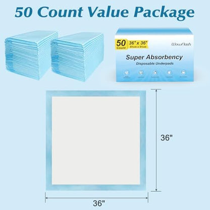 50 Count 36" x 36" Super Absorbency Disposable Underpads - Leakproof Quick Drying Pads for Baby, Puppy & Adults, Bed Pads, Incontinence & Dog Pee