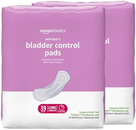 Amazon Basics Incontinence Pads for Women Long, Bladder Control, Postpartum, Maximum Absorbency, Unscented, 78 Count (2 Packs of 39)