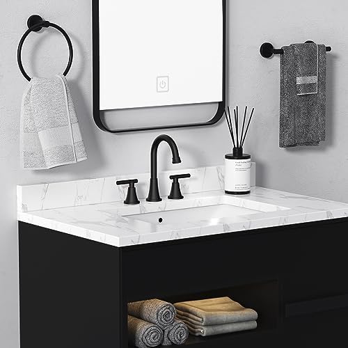 Bathroom Faucets for Sink 3 Hole, Hurran Matte Black Bathroom Sink Faucet with Pop-up Drain and Supply Lines, Stainless Steel Lead-Free Widespread Faucet for Vanity RV Farmhouse Sink