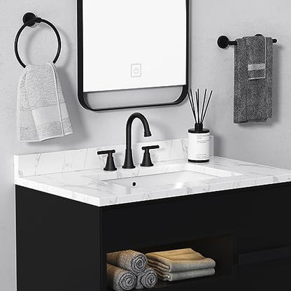 Bathroom Faucets for Sink 3 Hole, Hurran Matte Black Bathroom Sink Faucet with Pop-up Drain and Supply Lines, Stainless Steel Lead-Free Widespread Faucet for Vanity RV Farmhouse Sink