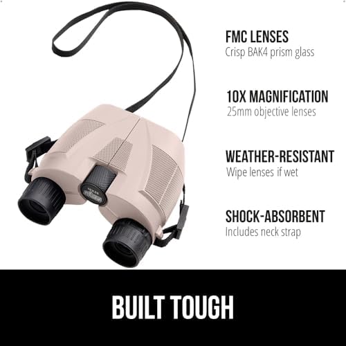 GORILLA GRIP 10x25 Compact Binoculars for Adults with Strap, Superior High Powered Clear 10X Magnification, Lightweight, Bird Watching, Hunting, Stargazing, Adjustable Eye Cups, Khaki