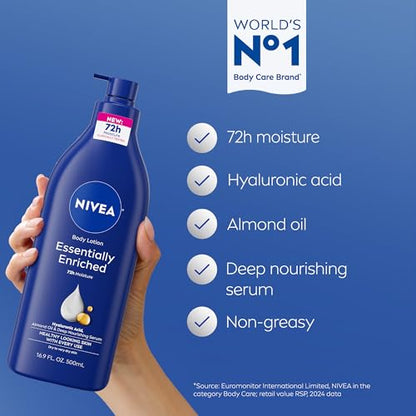 NIVEA Skin Care Set, Essentially Enriched Body Lotion Pack (2 x 16.9 Fl Oz) + Moisture Lip Care Lip Balm Set (4 x 0.17 Oz), Dermatologically Tested for Skin Compatibility
