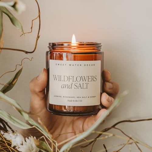 Sweet Water Decor Wildflowers and Salt Soy Candle - Jasmine, Rosemary, Honey, Sea Salt Scented Spring Candles for Home - 9oz Amber Jar + Black Lid, 40+ Hour Burn Time, Made in The USA