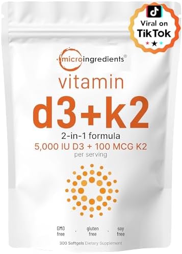 Micro Ingredients Vitamin D3 5,000 IU + K2 MK-7 100 mcg, 300 Softgels | 2-in-1 Bone, Immune & Heart Support | Easy to Swallow, Non-GMO