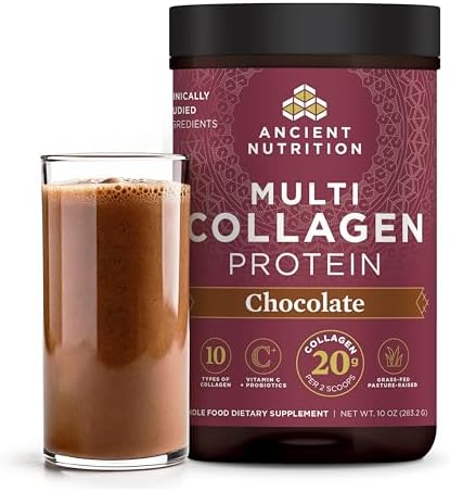 Ancient Nutrition Collagen Peptides Powder, Multi Collagen Protein, Women & Men, Vitamin C, Probiotics, Hydrolyzed Collagen, Supports Skin, Joints, Gut Health, Chocolate, 24 Servings
