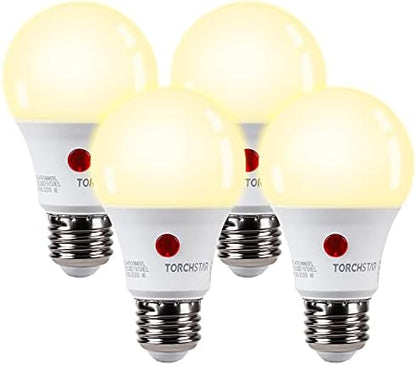 TORCHSTAR Dusk to Dawn Light Bulbs Outdoor, Sensor A19 LED Light Bulb, Auto on/Off Photocell Automatic for Outdoor Lighting, 2700K, Pack of 4