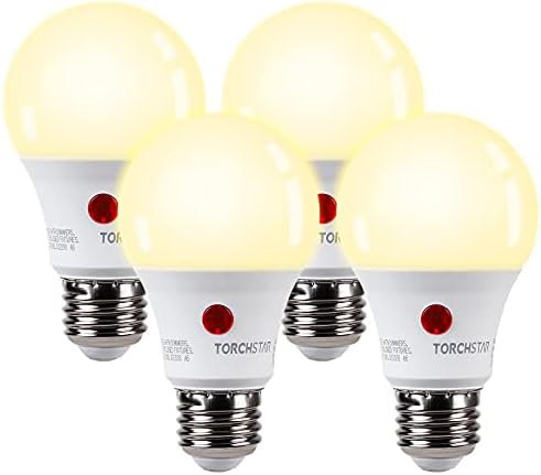 TORCHSTAR Dusk to Dawn Light Bulbs Outdoor, Sensor A19 LED Light Bulb, Auto on/Off Photocell Automatic for Outdoor Lighting, 2700K, Pack of 4