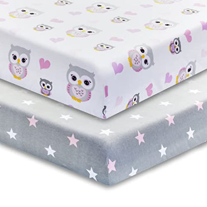 2 Pack Fitted Crib Sheets for Girls in 100% Jersey Knit Cotton – Girl’s Crib Mattress Sheets with a Nature Theme of Owls with Purple and Pink Hearts and a Gray Sheet with Pink Hearts by Everyday Kids