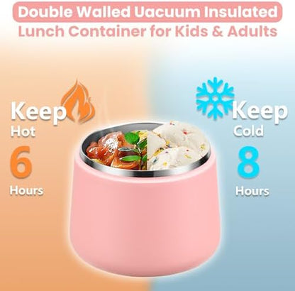 14oz Insulated Vacuum Food Jar with Buckle Lid,Soup Thermo for Hot Food Kids,Wide Mouth Leakproof Stainless Steel Lunch Container with Spoon-Pink