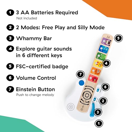Baby Einstein Strum Along Songs Magic Touch Wooden Toy Guitar with Whammy Bar, Montessori Musical Learning Toy with Lights, 12mo+