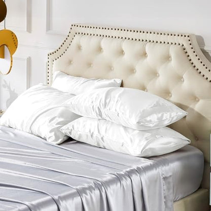Bedsure Satin Pillowcase for Hair and Skin Queen - Pure White Silky Pillowcase Set of 4 with Envelope Closure, Similar to Silk Pillow Cases, Gifts for Women Men, 20x30 Inches