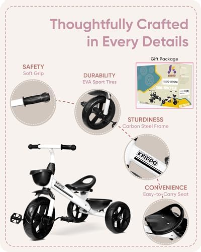 KRIDDO Kids Tricycles Age 24 Month to 4 Years, Toddler Kids Trike for 2.5 to 5 Year Old, Gift Toddler Tricycles for 2-4 Year Olds, Trikes for Toddlers, Sporty Styling, White