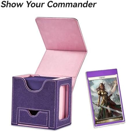 Card Deck Box for MTG Commander - Patented Design, Commander Display, Fits 100 Double-Sleeved Cards, 35pt Card Brick & Dice Tray - Purple/Pink