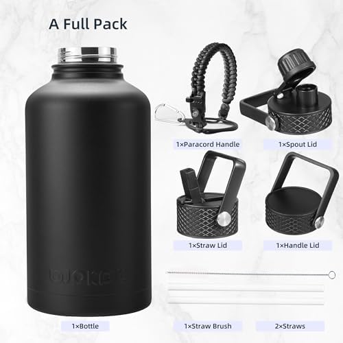 BJPKPK Half Gallon Insulated Water Bottles with Straw Lid, 64oz Large Water Jug, Stainless Steel Bottles with 3 Lids and Paracord Handle, Thermos for Hot & Cold Liquid, Black