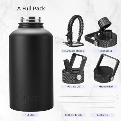 BJPKPK Half Gallon Insulated Water Bottles with Straw Lid, 64oz Large Water Jug, Stainless Steel Bottles with 3 Lids and Paracord Handle, Thermos for Hot & Cold Liquid, Black