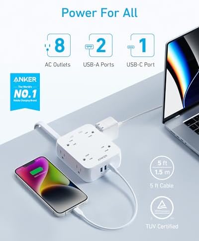 Anker Surge Protector Flat Plug Power Strip 2000J, 5ft Thin Extension Cord, 8 Outlets,2 USB A and 1 USB C Port,20W for iPhone15,Wall Mount,Compact for Home,Office,Room,TUV Listed