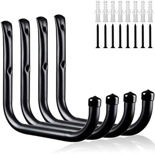 KURUI Wall Hooks for Garage Garden, 4 Pack Water Hose Holder, Large Garage Storage Hanger for Ladder Bike Extension Cord Tool, Wall Mount l Hooks, Black Heavy Duty 8 inch Long Hook