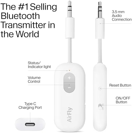 Twelve South AirFly SE | Bluetooth Wireless Audio Transmitter Adapter for AirPods/Headphones, 20+ Hr Battery, Works with 3.5mm aux Jacks on Airplanes, TVs, Gym Equipment, and Travel