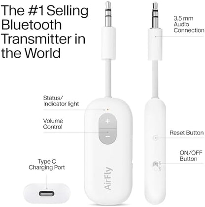 Twelve South AirFly SE | Bluetooth Wireless Audio Transmitter Adapter for AirPods/Headphones, 20+ Hr Battery, Works with 3.5mm aux Jacks on Airplanes, TVs, Gym Equipment, and Travel