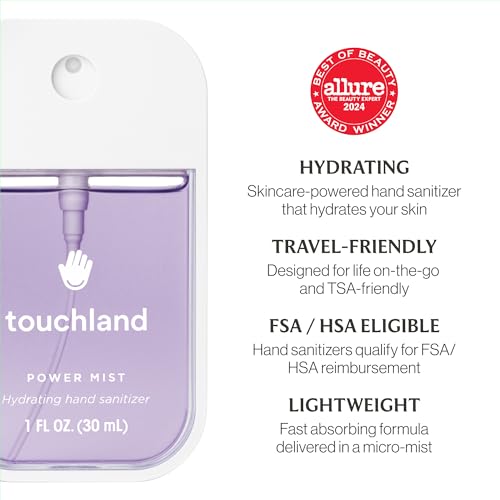 Touchland Power Mist Hydrating Hand Sanitizer Spray, BLOSSOM 5 Set (Lavender, Vanilla, Rainwater, Peach, Applelicious), 1 FL. OZ. Travel Size (Set of 5)