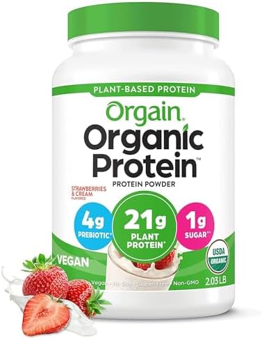 Orgain Organic Vegan Protein Powder, Strawberries & Cream - 21g of Plant Based Protein, Low Net Carbs, Gluten/ Lactose Free, No Sugar Added, Soy Free, Non-GMO, 2.03 Lb