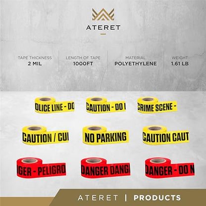 ATERET Premium Yellow Caution Tape 2-Pack 3 inch x 1000 feet, Hazard Safety Tape, Construction Tape for Danger/Hazardous Area, Ideal Use for Halloween Decorations, Party, Work-Site