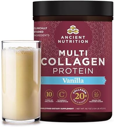 Collagen Powder Protein by Ancient Nutrition, Multi Collagen Vanilla Protein Powder, 45 Servings, with Vitamin C, Hydrolyzed Collagen Peptides Supports Skin and Nails, Gut Health, 16.7oz
