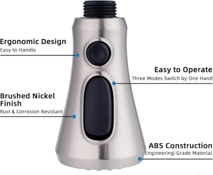 Hibbent Pull Down Spray Head for Kitchen Faucet, 3-Function Spray Nozzle with 15 Adapters, Sink Faucet Head Replacement Compatible with Moen, American Standard, Delta, Kohler Faucets, Brushed Nickel