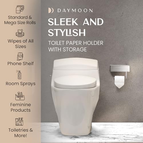 Day Moon™ Brushed Nickel Toilet Paper Holder with Shelf, Wipe Holder for Bathroom, Flushable Wipes Dispenser - Toilet Paper and Wipes Holder, Toilet Paper Holder with Storage