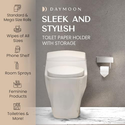Day Moon™ Brushed Nickel Toilet Paper Holder with Shelf, Wipe Holder for Bathroom, Flushable Wipes Dispenser - Toilet Paper and Wipes Holder, Toilet Paper Holder with Storage