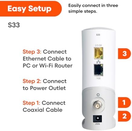 ARRIS (S33) - Cable Modem - Fast DOCSIS 3.1 Multi-Gigabit Cable Modem For Comcast Xfinity, Cox, Spectrum & More 1 & 2.5 Gbps Ports 2.5 Gbps Max Internet Speeds 2 Year Warranty - (No Built-in Wifi)