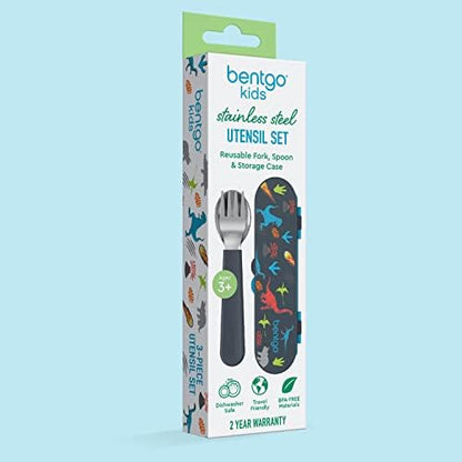 Bentgo Kids Stainless Steel Utensil Set - Reusable Fork, Spoon & Storage Case - High-Grade BPA-Free Stainless Steel, Easy-Grip Handles, Dishwasher Safe for School Lunch, Travel & Outdoors (Dinosaur)