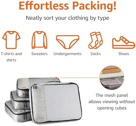 Amazon Basics 4 Piece Packing Cubes Travel Organizer Set with Double Zipper, Mesh Top, Large, Gray