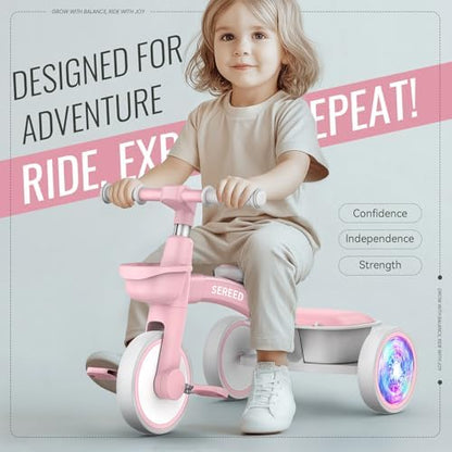 SEREED Colorful Lighting Toddler Tricycle for 2-5 Years Old Girls, Adjustable Seat&Handlebar Trike, Removable Basket, Birthday Gift Idea for Kids Ages 2+ (Pink)