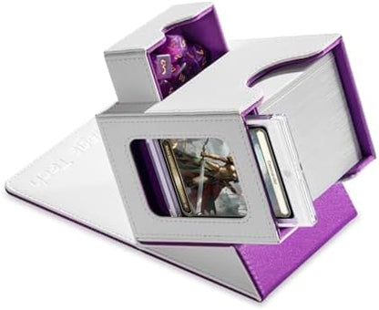 Card Deck Box for MTG Commander - Patented Design, Commander Display, Fits 100 Double-Sleeved Cards, 35pt Card Brick & Dice Tray - White/Purple