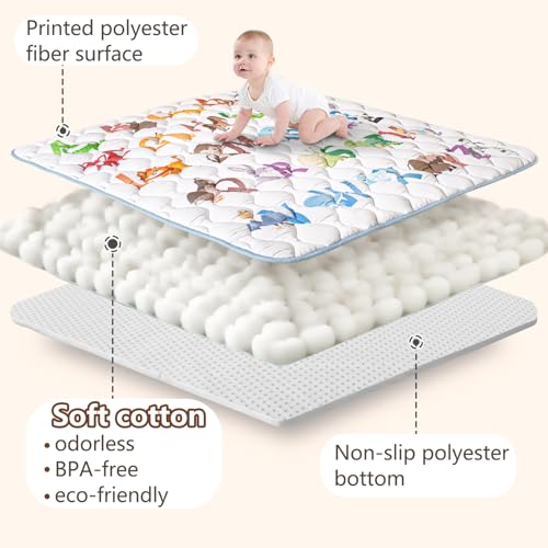 Baby Play Mat, 50x50 Playpen Mat with Super Soft Touch, Activity Mats with Upgraded Anti-Slip Bottom, Machine Washable Crawling Mats for Floor & Picnic (Animal Alphabets)