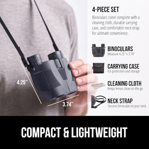 GORILLA GRIP 10x25 Compact Binoculars for Adults with Strap, Superior High Powered Clear 10X Magnification, Lightweight, Bird Watching, Hunting, Stargazing, Adjustable Eye Cups, Black