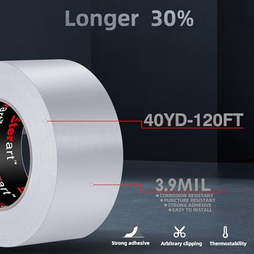 Aluminum Foil Duct Tape Heavy Duty,High Temperature Sealing and Patching,for HVAC,Air Ducts,Metal Repair, Foamboard,Insulation,Dryer Vent and More,2 Inch x 40 Yards,Silver