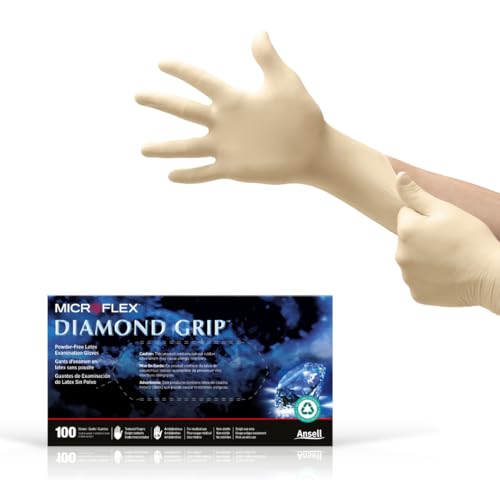 Ansell MICROFLEX Diamond Grip MF-300 Disposable Latex Gloves for Automotive, Healthcare, Machinery Industries - Large, Natural (Box of 100)