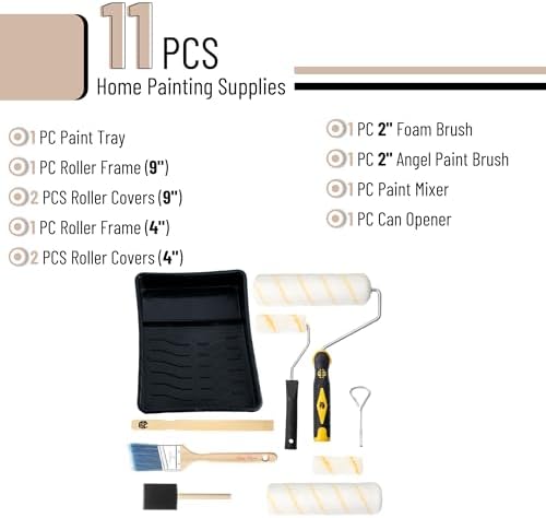 Bates - Paint Tray Set, Paint Rollers, Paint Brushes for Wall, Tray, Roller Brush, 11 Piece Home Painting Supplies, Foam Brush, House Painting Supplies, Painting Tools, Interior, Exterior