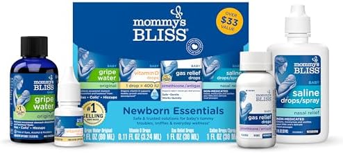 Mommy's Bliss 4-Piece Newborn and Baby Essentials Kit - With Gripe Water, Gas Relief Drops, Vitamin D 400IU, and Saline Drops/Spray - The Perfect Baby Gift.