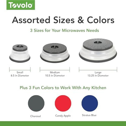 Tovolo Microwave Splatter Cover for Food, 3-Pack (Charcoal) - Collapsible & Vented Silicone Splatter Guard Lid - Microwave Plate & Dish Cover with Handle - BPA-Free Kitchen Gadget for Meal Prep