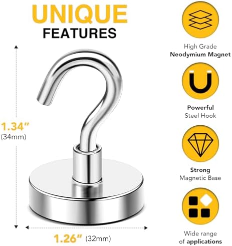 DIYMAG Magnetic Hooks,110 lb Heavy Duty Strong Magnet with Hook for Hanging Rare Earth Neodymium Magnet for Fridge Kitchen Cruise Grill Garage and Storage 12 Packs