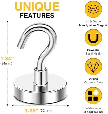DIYMAG Magnetic Hooks,110 lb Heavy Duty Strong Magnet with Hook for Hanging Rare Earth Neodymium Magnet for Fridge Kitchen Cruise Grill Garage and Storage 12 Packs