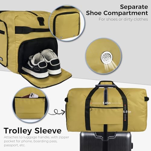 Fmeida 65L Duffle Bag with Shoes Compartment, Foldable Travel Duffel Bags for Men Women, Large Packable Travel Bag Water Repellent & Tear Resistant (Brown)