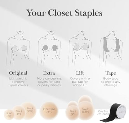 Nippies Nipple Covers for Women - Sticky Adhesive Silicone Pasties - Reusable Pasty Nipple Cover with Travel Box