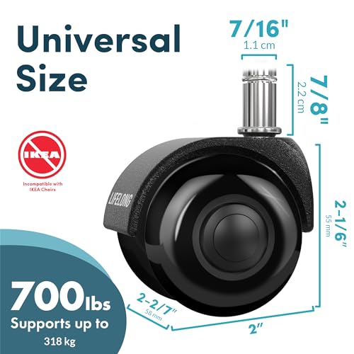 Lifelong Office Chair Dual Wheels Replacement Rubber 2 Inch Chair Casters for Hardwood Floors and Carpet, Set of 5, Heavy Duty Casters for Chairs to Replace Office Chair Mats - Fits 98%