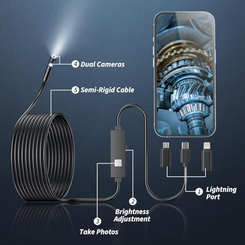 Endoscope Camera with Light,1920P HD Borescope Tools with 8 Adjustable LED Lights, Endoscope with Semi-Rigid Snake Camera, IP67 Waterproof Inspection Borescope for iOS and Android-16.4ft Dual-Lens